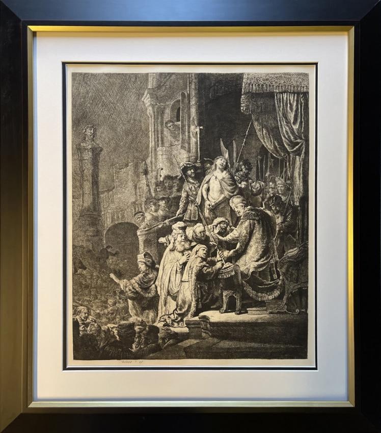 Rembrandt (Dutch, 1606-1669) Etching from the original copper plates created by Amand Durand (1831-1: Rembrandt(Dutch, 1606-1669) Etching from the original copper plates created by Amand Durand. Christ Before Pntius Pilate. Custom Framed and includes documentation. Approx 28x26 inches. Includes framin