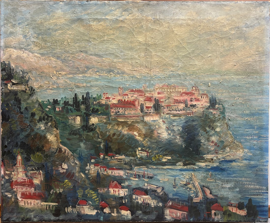 Original vintage turn of the century oil painting on canvas The image displays in an impressionist s: Original vintage turn of the century oil painting on canvas The image displays in an impressionist style depicting a coastal town or village on a hillside overlooking European sea This is in a very go