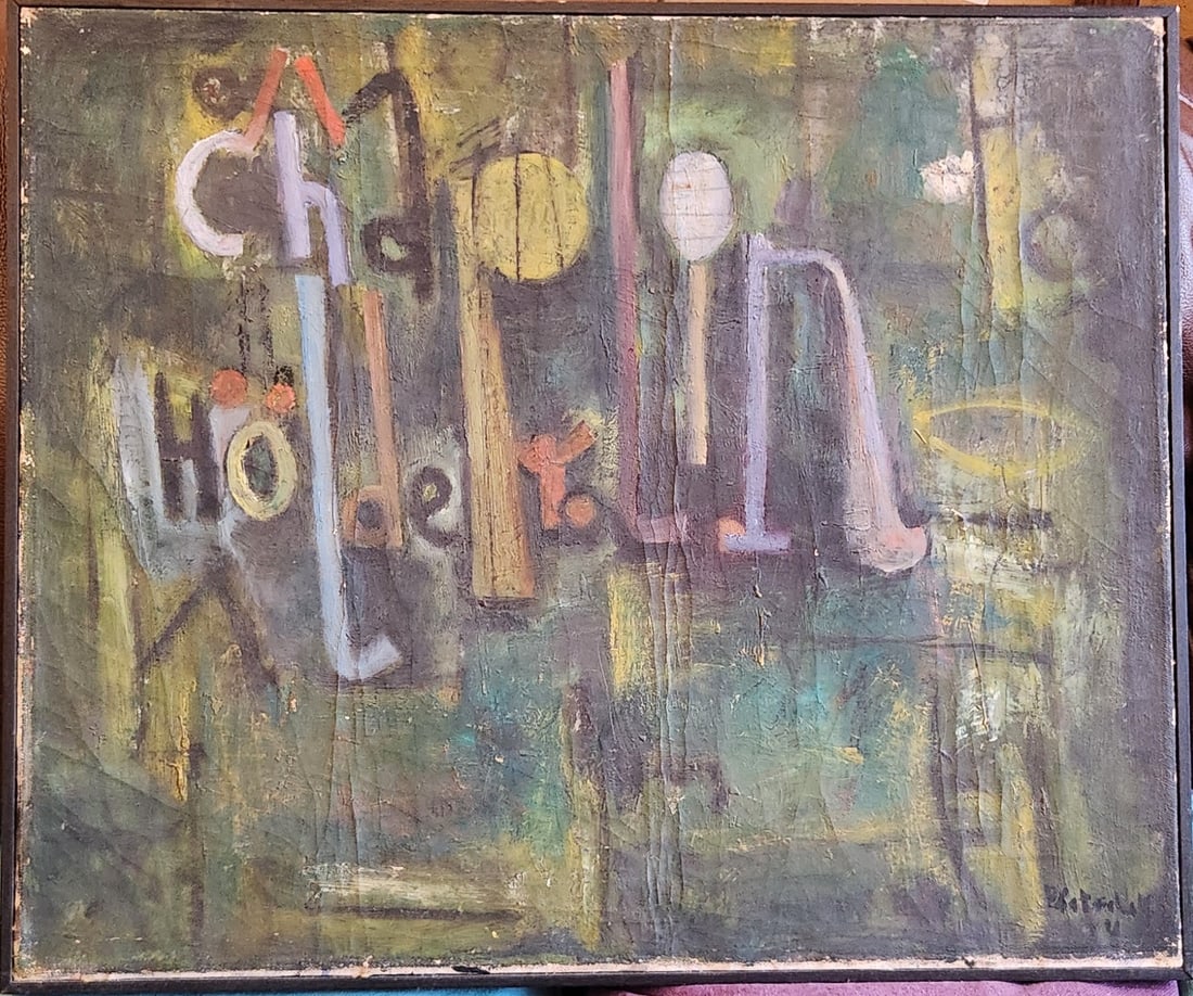 Hans Platschek German 1923-2000 oil on canvas 1954 Buchstaabenbild: Hans Platschek German 1923-2000 oil on canvas 1954 Buchstaabenbild Oil on canvas. Dated 1954. 19.69 x 23.62 in (50 x 60 cm). Signed “Platschek” 54 in black paint lower right, titled upper righ