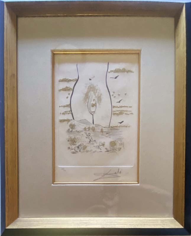 Salvador Dali (Spanish 1904-1989) Dry Point Etchings hand colored and gilded with gold. Limited: Salvador Dali (Spanish 1904-1989) Dry Point Etchings hand colored and gilded with gold. Limited EditionSalvador Dali Dry Point Etching hand colored and gilded with gold. Limited Edition Hand signed an