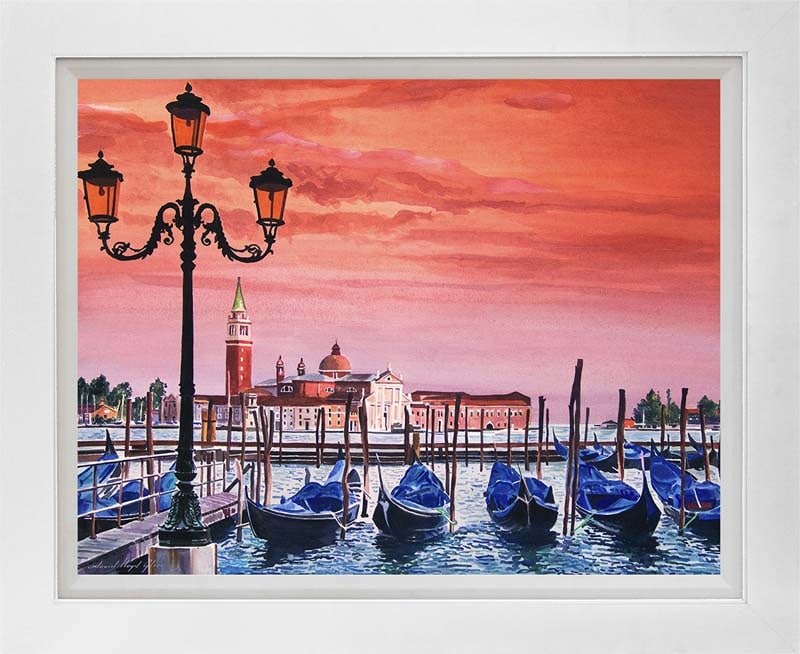 David Lloyd Glover (Canadian 1949) The Gondolas of Italy Mixed media Original Painting on canvas by: The Gondolas of Italy Mixed media on canvas by David Lloyd Glover Hand signed by the artist. On canvas image size. Approx image size 18x24 inches. Custom framed and includes certificate Art Artwork Ar