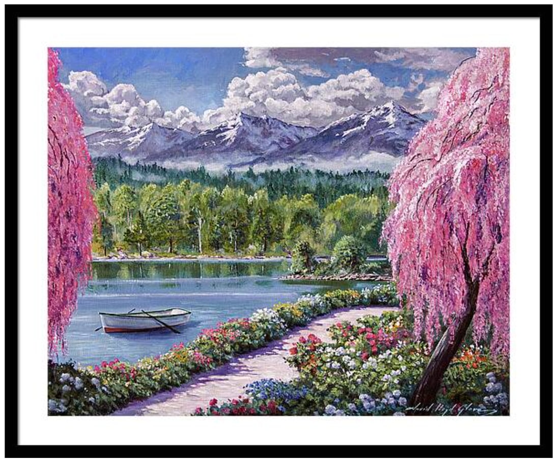 David Lloyd Glover (Canadian 1949) Springtime Lake Garden Walk Original Mixed Media Painting on: Mixed media original by David Lloyd Glover. Hand signed by the artist. On canvas Approx 18x24 inches image size Custom framed and includes certificate. This work was purchased directly from the artist
