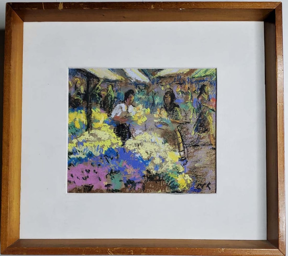 Oil painting Georges Albert CYR Marche aux fleurs: Oil by Georges Albert Marche Aux Fleurs Gouache on paper 7x6 image size inches Georges Cyr was born in Montgeron (Seine et Oise), in France. He started his artistic career on the advice of the