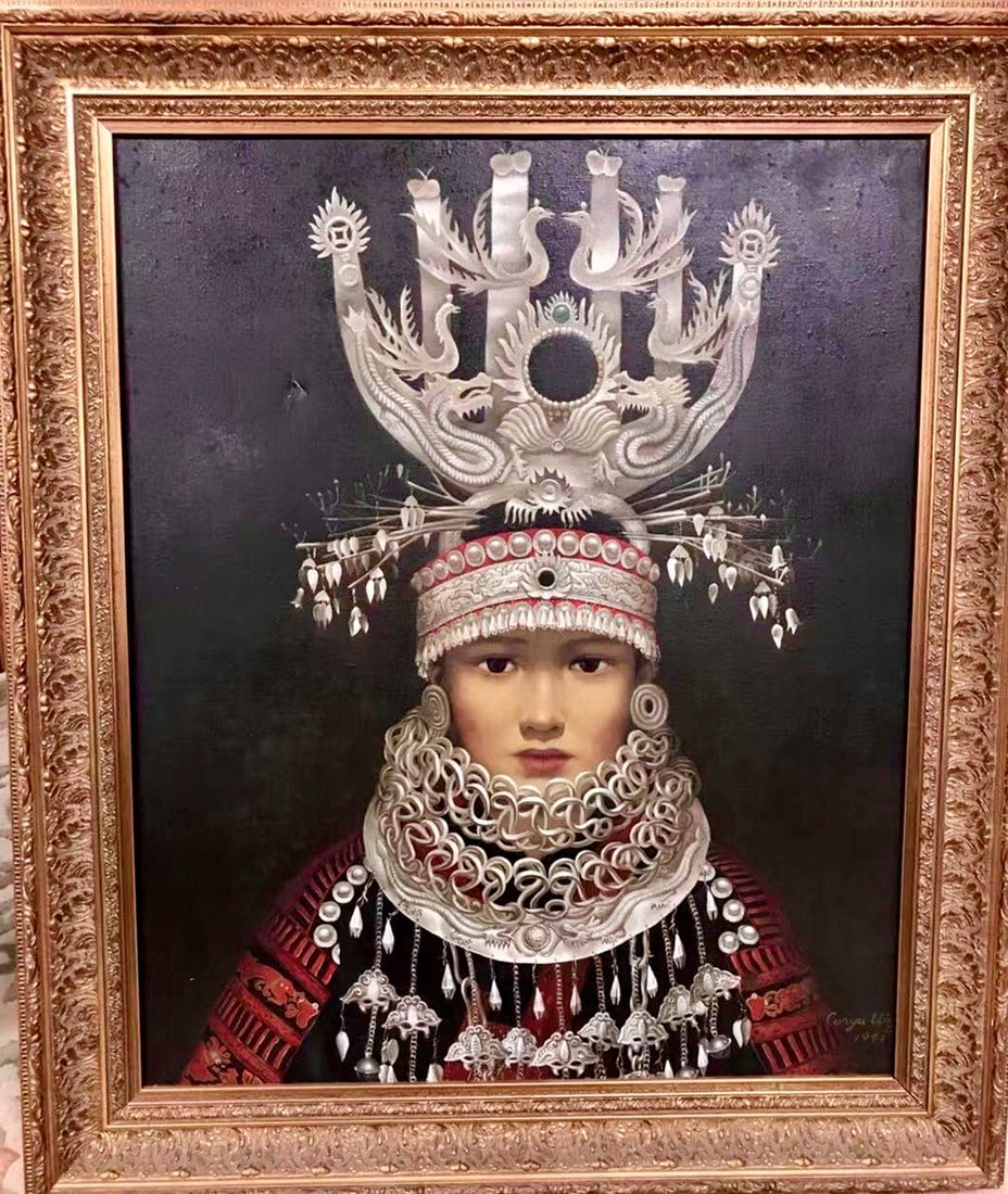 Original oil painting on canvas by Cunyu Wang Hmong Girl 30x26 inches image size: Original oil painting on canvas by Cunyu Wang Hmong Girl 30x26 inches image size. Hand signed by the artist Custom framed and includes documentation One of a kind original This work was purchased