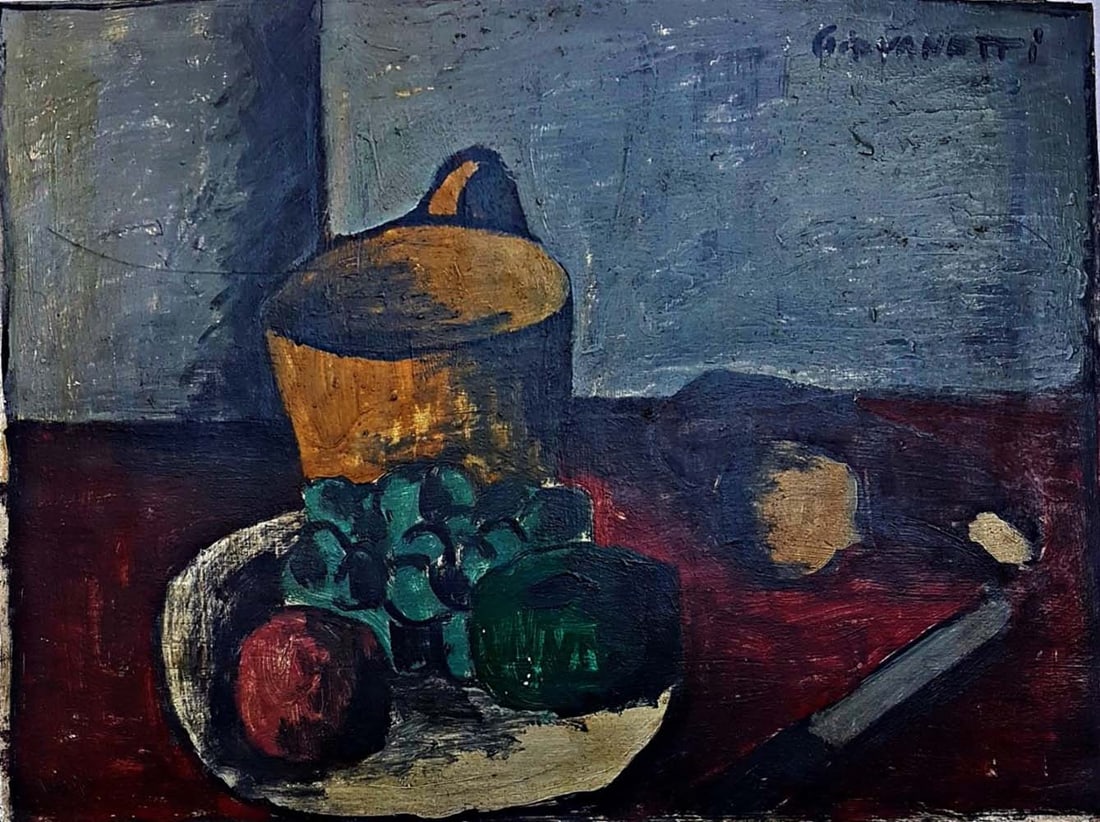 Old Painting Still life signed Giovanetti oil painting on board: Old Painting Still life signed GiovanettiArtist: GiovanettiTitle: Still lifeTechnique: oil painting on boardCondition: GoodUnframed dimensions: 18 in 1/4 (46.5 cm) x 13 in 1/4 (34 cm)Signature:
