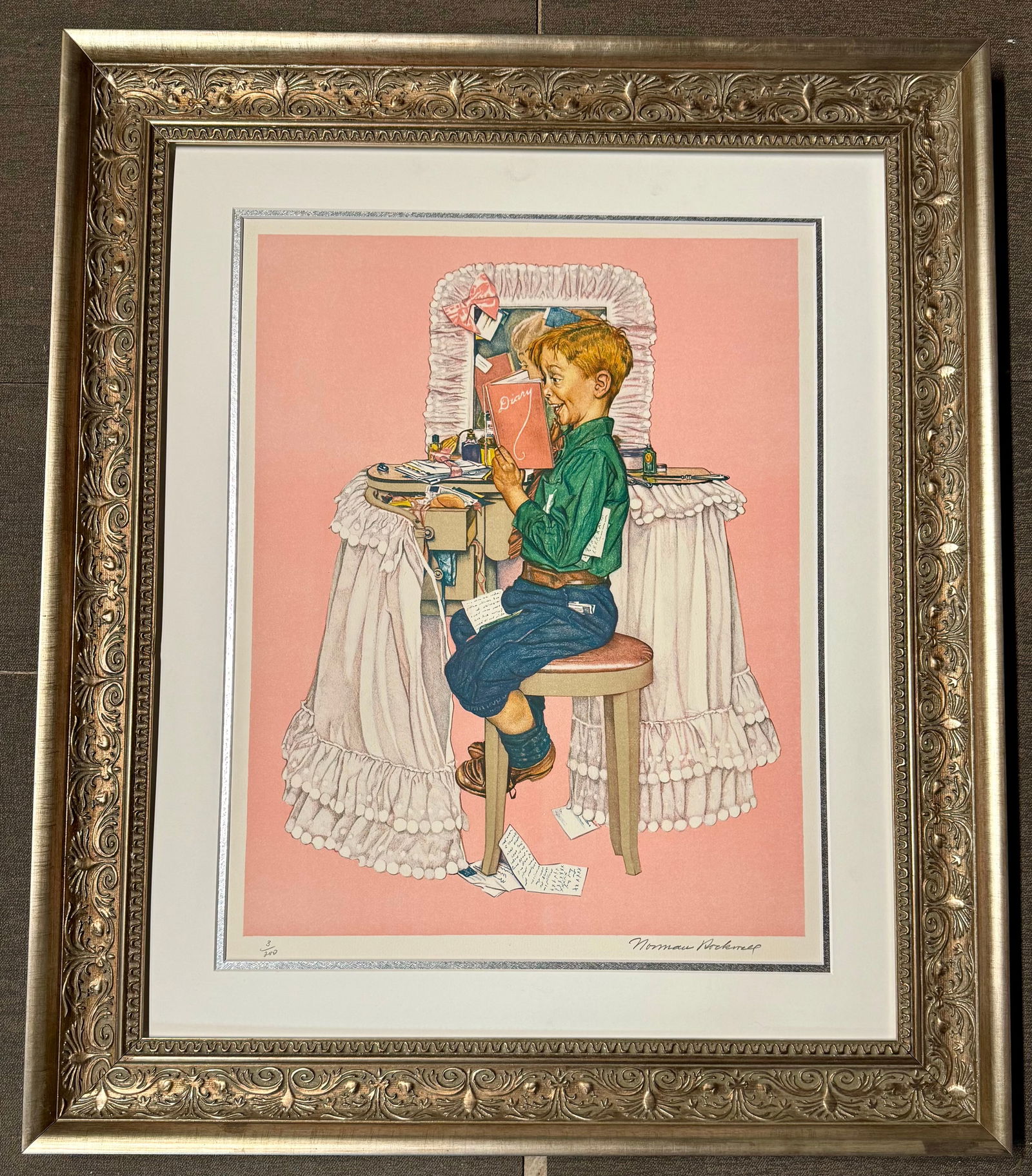 Norman Rockwell Original Lithograph Limited Edition 1976 Secrets Sister's Diary Hand signed and num: Norman Rockwell Original Lithograph Limited Edition 1976 Secrets Sister's Diary Hand signed by Norman Rockwell and numbered The total edition is 200. Approx 27x22 inches image size. Approx 33x29 custo