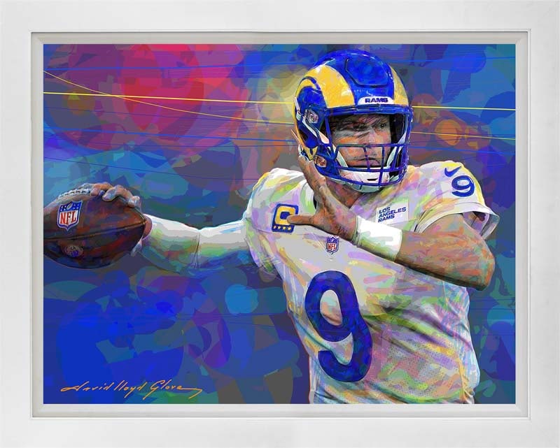 David Lloyd Glover (Canadian 1949) Matthew Stafford Limited Edition on canvas David Lloyd Glover: Matthew Stafford Limited Edition on canvas by David Lloyd Glover Hand signed by the artist. On canvas. Approx image size 18x24 inches. Custom framed and includes certificate. This work was purchased d