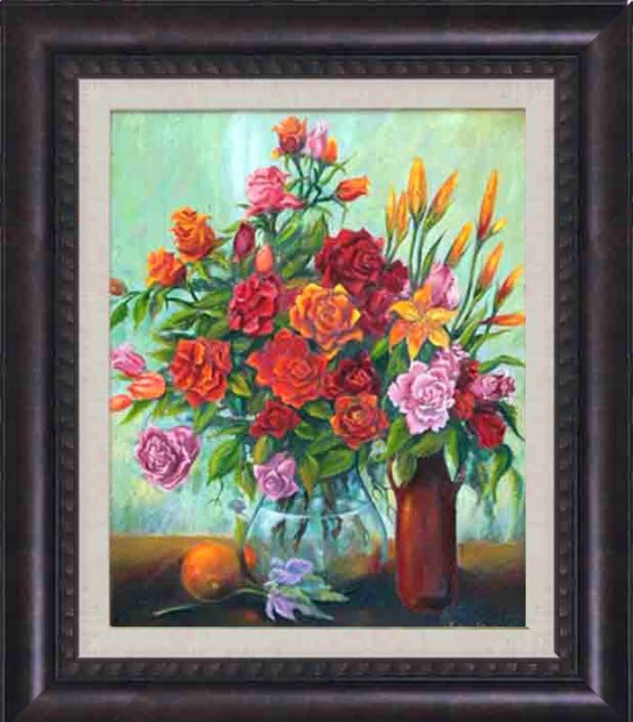 Arina-Roses with Orange and Bottle, Mixed Media Original Painting on canvas by Arina: Arina-Roses with Orange and Bottle. Mixed Media original, 24 x 30 approx. Includes certificate of authenticity. Custom framed. This work was purchased directly from the artist. Art Artwork Artist.