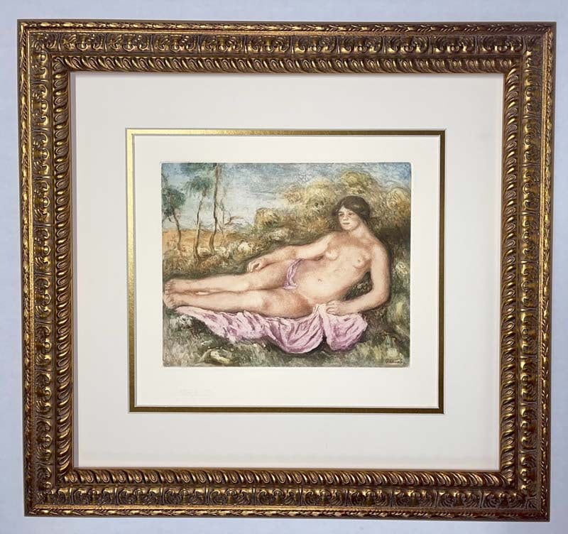 Pierre Renoir (French 1841-1919) hand colored etching: Pierre Renoir (French 1841-1919) hand colored etching Approx 20x18 inches. This etching was produced from the original copper plates from 1919 before Renoir's death. This was printed by hand in Paris,