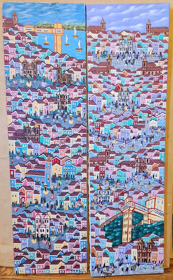 Simone PENDANT PAINTINGS BAHIA BRAZIL SIGNED SIMONE & ILLEGIBLE SIGNATURE.: Simone PENDANT PAINTINGS BAHIA BRAZIL SIGNED SIMONE & ILLEGIBLE SIGNATURE. Art Artwork Artist.