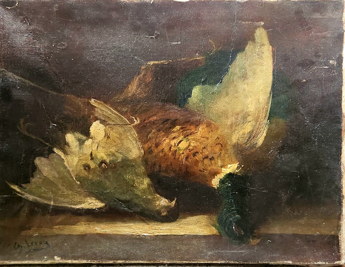 Lieroux OLD PAINTING STILL LIFE WITH PHEASANT, SIGNED G.P LEROUX: Lieroux OLD PAINTING STILL LIFE WITH PHEASANT, SIGNED G.P LEROUX Art Artwork Artist.