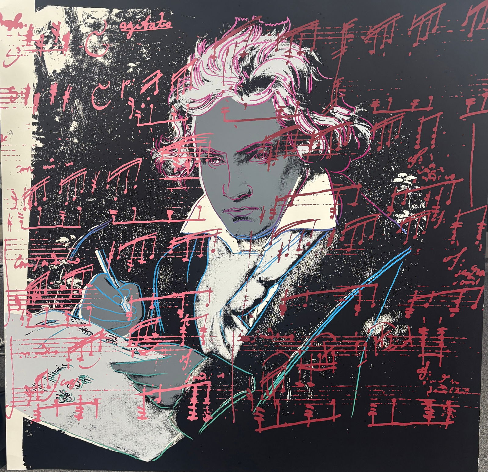 Andy Warhol (American 1928-1987) Serigraph Beethoven 1983: Andy Warhol (American 1928-1987) Andy Warhol Serigraph Screenprint Beethoven 1983 on Lenox Museum Board. Each one is unique in color. One of a kind proof. Printer is Rupert Jasen Smith, NY image size