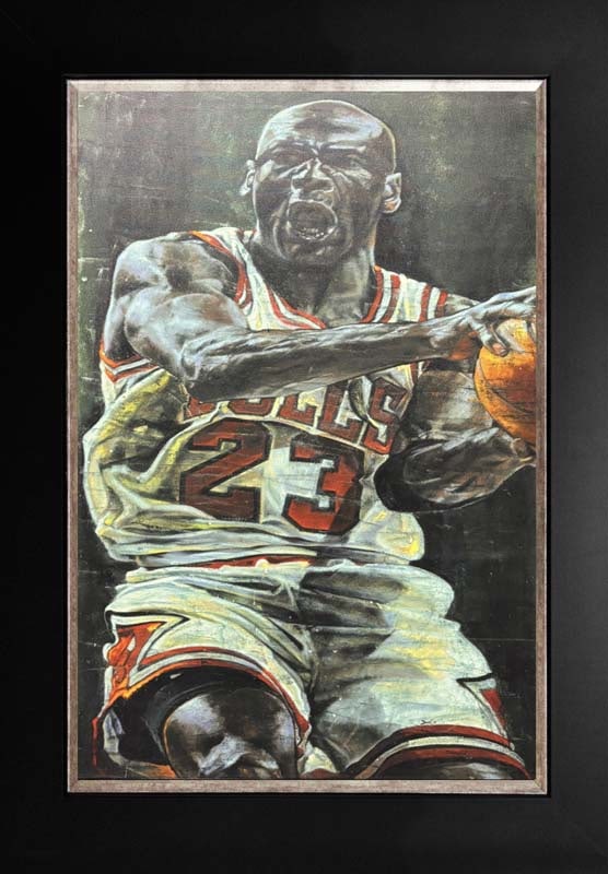 Michael Jordan by Stephen Pollack on canvas: Michael Jordan by Stephen Pollack on canvas mixed media Cstom framed and includes documenation. Limited Edition. Approx 30x20 inches. Art Artwork Artist.