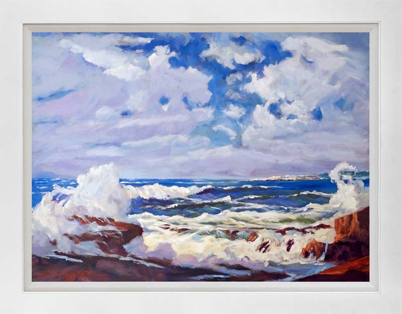 David Lloyd Glover (Canadian 1949) Cloudy Sky Pacific California Mixed Meda Original Painting on: Mixed media Original Painting on canvas by David Lloyd Glover Hand signed by the artist. On canvas image size. Approx mage size 18x24 inches. Custom framed and includes certificate. Art Artwork
