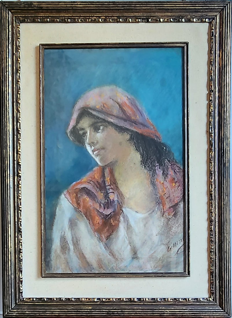 OLD EUROPEAN PASTEL on BOARD PORTRAIT OF WOMAN ILLEGIBLE SIGNATURE. (1 of 1)