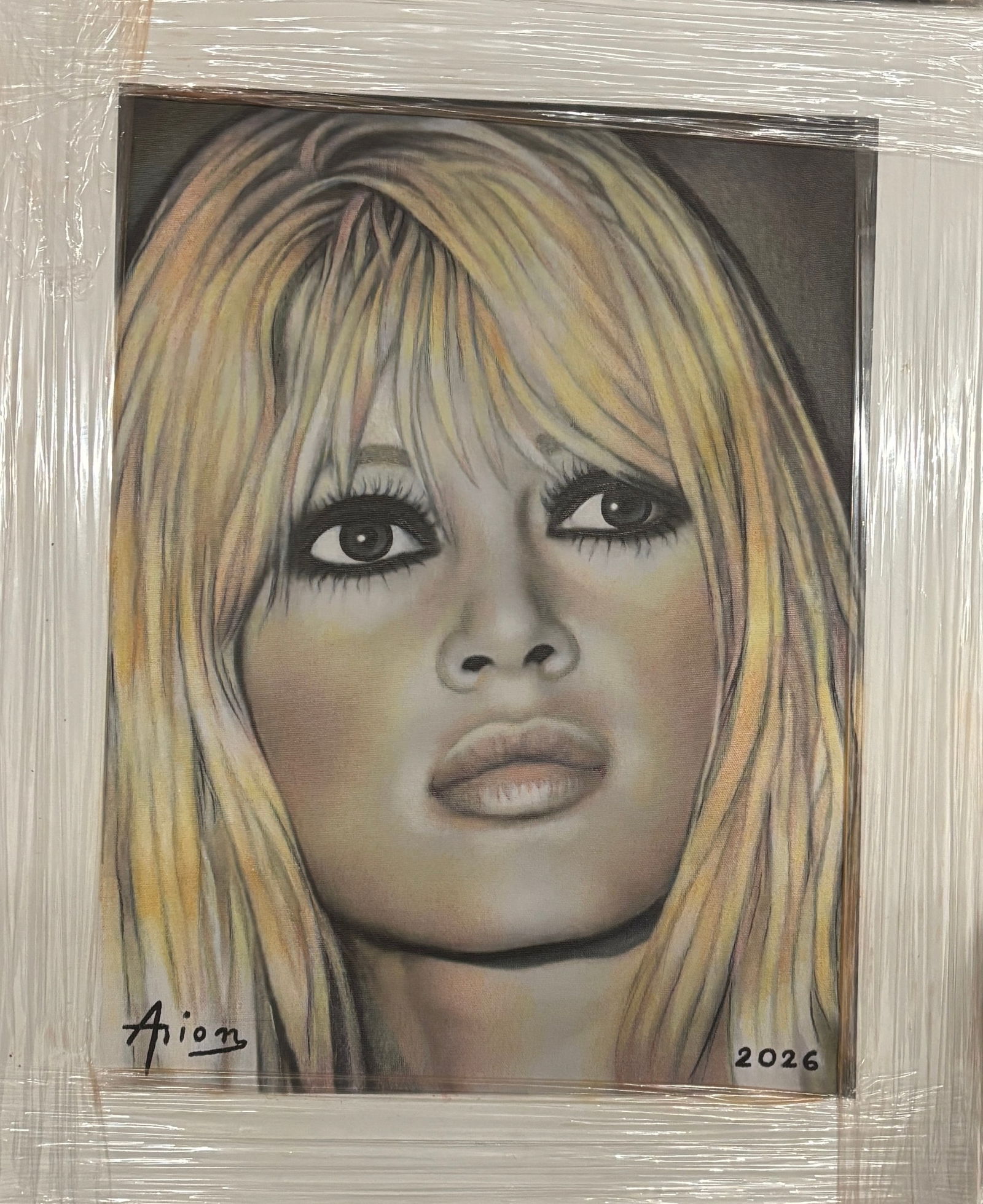 Katherine Arion (American 1957) Bridget Bardot original mixed media on canvas: Mixed Media Original Painting on canvas Katherine Arion (American 1957) One of a kind. Hand signed by the artist. On canvas Approx 20x16 image size inches Custom framed and includes certificate This w