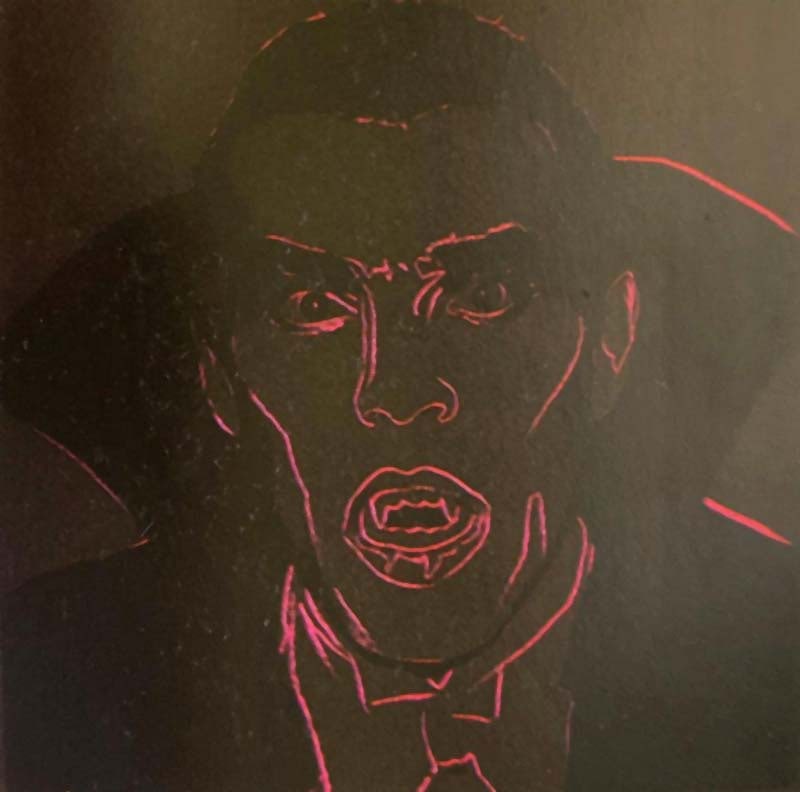Andy Warhol (American 1928-1987) Screenprint Dracula 1981 from the Myths Suite Serigraph: Andy Warhol (American 1928-1987) Dracula Andy Warhol Serigraph Screenprint and Colophon. 1981. Approx 38x38 inches. This working trial proof was made outside the regular edition during the process of