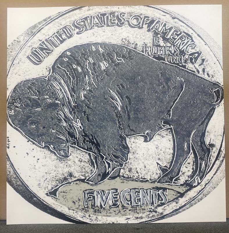 Andy Warhol (American, 1928-1987) Buffalo Nickel Serigraph 1986 36x36 inches Silkscreen: Andy Warhol (American, 1928-1987) Buffalo Nickel Serigraph 1986 36x36 inches SilkscreenAndy Warhol Buffalo Nickel Serigraph 1986 36 x 36 inches approx. This is an unsigned working trial proof made out