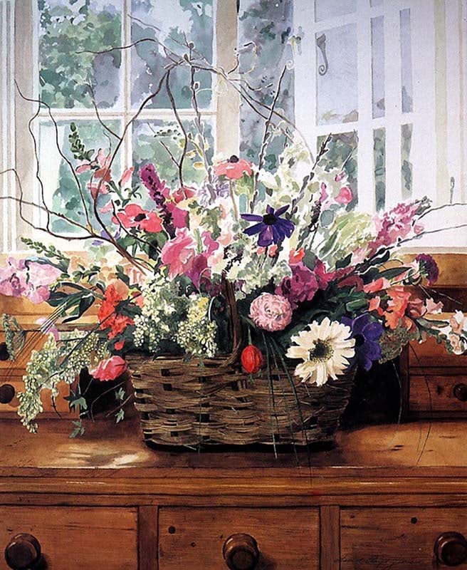 David Lloyd Glover (Canadian 1949) Cutting Garden Arrangement Original Mixed Media Painting on: Mixed media on canvas by David Lloyd Glover Hand signed by the artist. On canvas image size Approx image size 18x24 inches Custom framed and includes certificate This work was purchased directly from