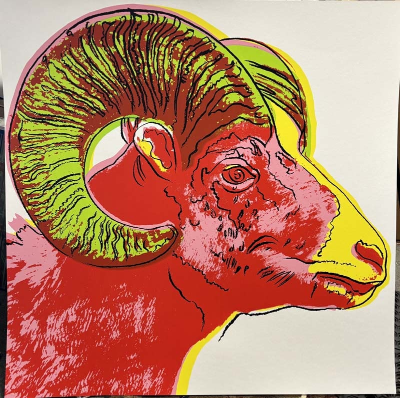 Andy Warhol (American 1928-1987) The Ram Serigraph 38x38 inches: Andy Warhol (American 1928-1987) Andy Warhol Bighorn Ram. Serigraph Screen print and Colophon. 1983. Approx 38x38 inches. Includes Certificate of Authenticity. This working trial proof was made outsid