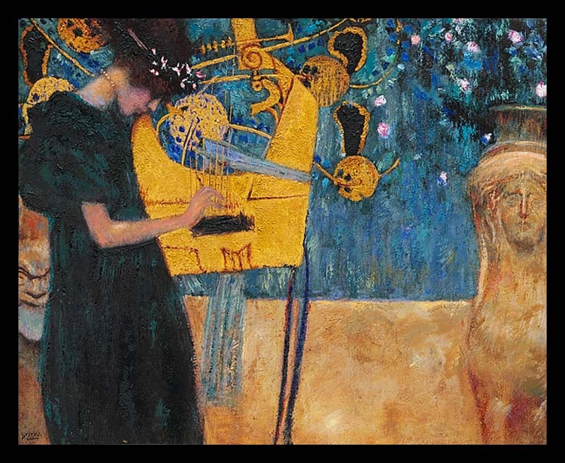 Gustav Klimt (Austrian 1862-1918) Hand Embellished Painting Gustav Klimt oil painting on canvas: Gustav Klimt (Austrian 1862-1918) Hand Embellished Painting Gustav Klimt oil and gold leaf ink. On canvas Limited Edition Music. Approx 24 x 30 inches. The signature is in the plate. Custom framed. Ar