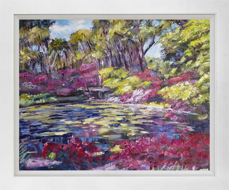 David Lloyd Glover (Canadian 1949) Reflecting Pond with Spring Azaleas by David Lloyd Glover Mixed: Mixed Media Original Painting on canvas David Lloyd Glover. One of a kind. Hand signed by the artist. On canvas Approx image size 18x24 inches Custom framed and includes certificate. This work was pur