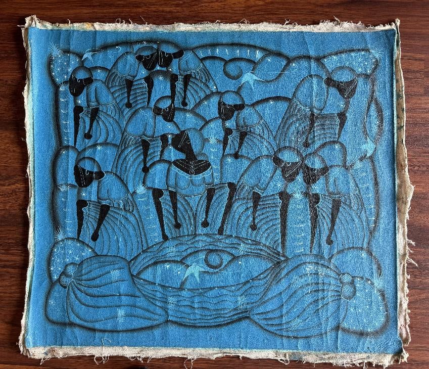 Old vintage Haitian painting illegible signature: Old vintage Haitian painting illegible signature.This beautiful Haitian style painting with vivid colors, where a deep blue and black predominate, and indigenous characters are shown.The canvas is loo