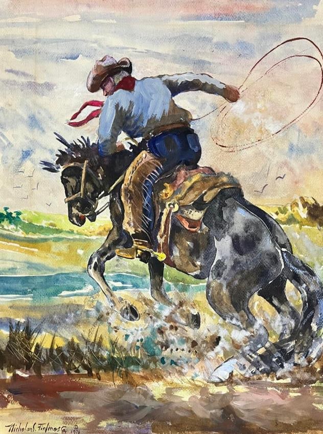 Cowboy galloping American watercolor Artist: Michelans 1976 watercolor: Cowboy galloping American watercolor “Cowboy”Artist: Michelans 1976 Technique: warercolor on paper Approx 42x32 cm Provenance: Private collection Art Artwork Artist.