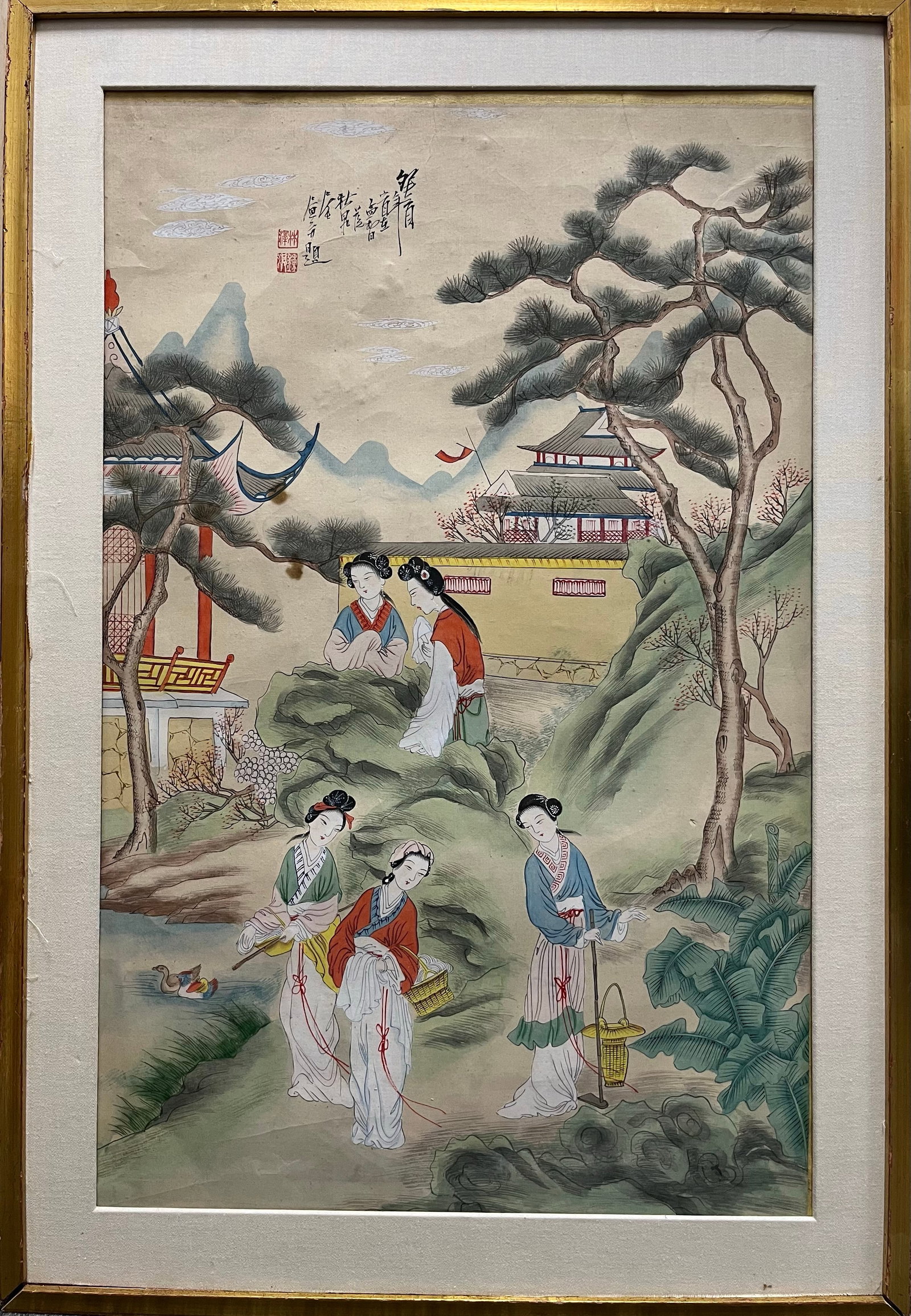 Chinese Hand Painted Watercolor. 16.5 x 24.5 inches.: Chinese Hand Painted Original Watercolor Painting. Beautifully Vibrant Colors. Very good condition. 1920. 16.5 x 24.5 inches image size. Framed. step Art Artwork Artist.