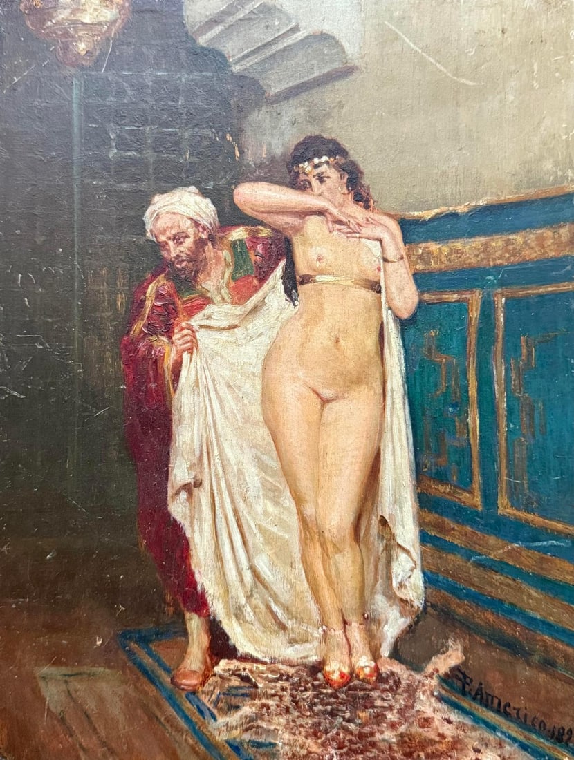 Pedro Americo Oil Painting on wood Slave Trader....: Pedro AmericoOil Painting on woodSlave Trader Measurements: 26.7 x 21 cmSigned: Lower right corner “P. Américo 1882.”Provenance: Private collection Art Artwork Artist.