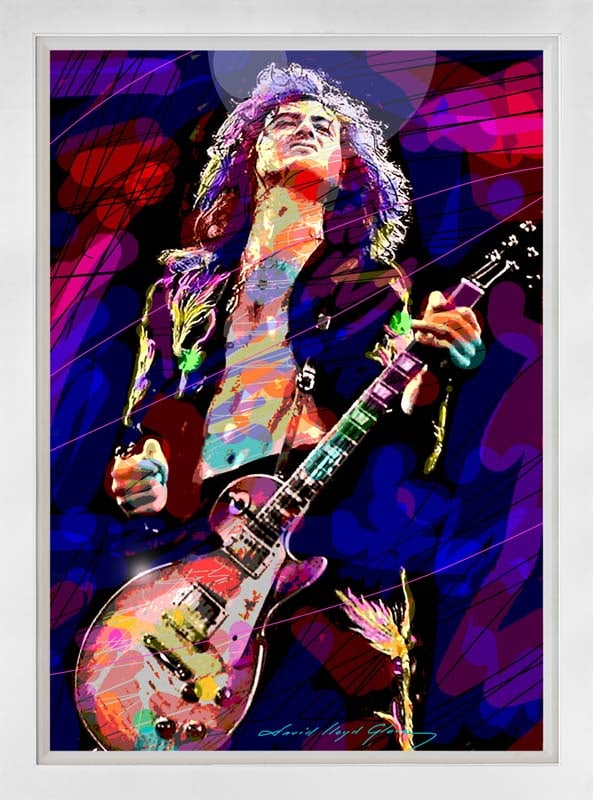 David Lloyd Glover (Canadian 1949) Jimmy Page Les Paul Solo Original Mixed Media Painting on canvas: Jimmy Page Les Paul Solo Original Mixed Media Painting on canvas by David Lloyd Glover Hand signed by the artist. Custom framed and includes certificate from the artist. Approx 24x18 image size and 30
