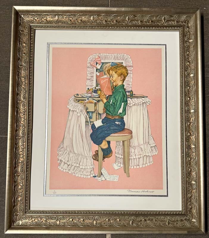 Norman Rockwell Original Lithograph Limited Edition 1976 Secrets Sister's Diary Hand signed and: Norman Rockwell Original Lithograph Limited Edition 1976 Secrets Sister's Diary Hand signed by Norman Rockwell and numbered The total edition is 200. Approx 27x22 inches image size. Approx 33x29 custo