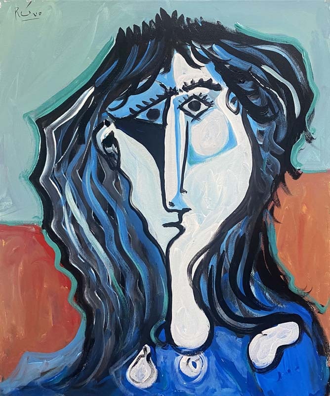 Pablo Picasso (Spanish 1881-1973) oil painting on canvas in the manner of Pablo Picasso (Spanish: Pablo Picasso (Spanish 1881-1973) oil painting on canvas in the manner of Pablo Picasso (Spanish 1881-1973) on canvas. Approx 30x24 inches. Custom framed. Art Artwork Artist.