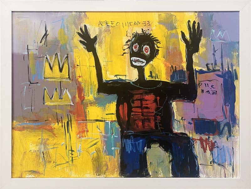 Jean-Michel Basquiat (American 1960-1988) oil painting on canvas in the manner of Jean-Michel: Jean-Michel Basquiat (American 1960-1988) oil painting on canvas in the manner of Jean-Michel Basquiat. Approx 40 x 30 inches. Custom framed. Includes documentation. Art Artwork Artist.