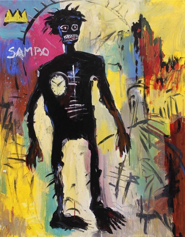 Jean-Michel Basquiat (American 1960-1988) oil painting on canvas in the manner of Jean-Michel: Jean-Michel Basquiat (American 1960-1988) oil painting on canvas in the manner of Jean-Michel Basquiat 40x30 inches image size. Custom framed. Includes documentation. Art Artwork Artist.
