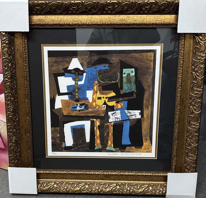 Pablo Picasso (Spanish 1881-1973) Limited Edition Three Musicians Collection Domaine Picasso: Pablo Picasso (Spanish 1881-1973) Three Musicians Limited Edition on canvas Collection Domaine Picasso Pablo Picasso Custom Framed Limited Edition ink on canvas Approx 24x30 inches. The signature is i