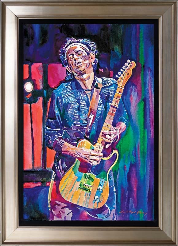 David Lloyd Glover (Canadian 1949) Keith Richards Fender Telecaster on canvas David Lloyd Glover: Keith Richards Hand Embellished Painting on canvas Limited Edition by David Lloyd Glover. Hand signed by the artist. oil painting on canvas. Approx 18x24 image size inches. Custom framed and includes