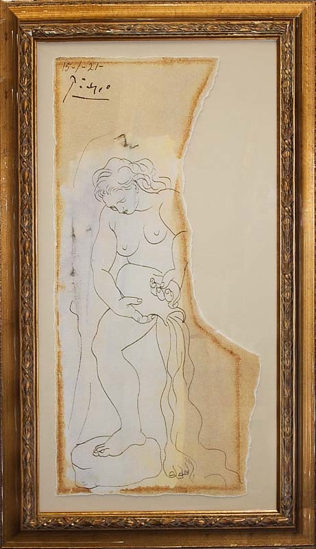 Pablo Picasso (Spanish 1881-1973) Limited Edition Woman Pouring Water Collection Domaine Picasso: Pablo Picasso (Spanish 1881-1973) After Pablo Picasso Limited Edition Lithograph Woman Pouring Water. Approx. 28 x 48 inches. Includes certificate of authenticity. Estate signed. From the Collection D