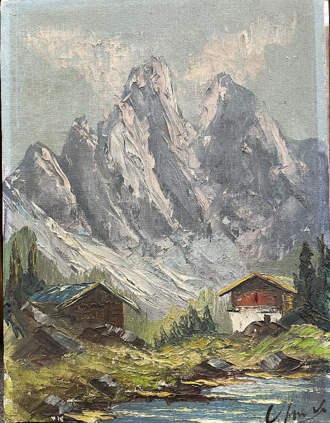Vintage Original Oil Painting on Canvas. Swiss Alps Scene. 16 x 12 inches.: Vintage Original Oil Painting on Canvas. Swiss Alps Scene. Beautiful Brush Strokes. Hand Signed. 16 x 12 inches. step Art Artwork Artist.