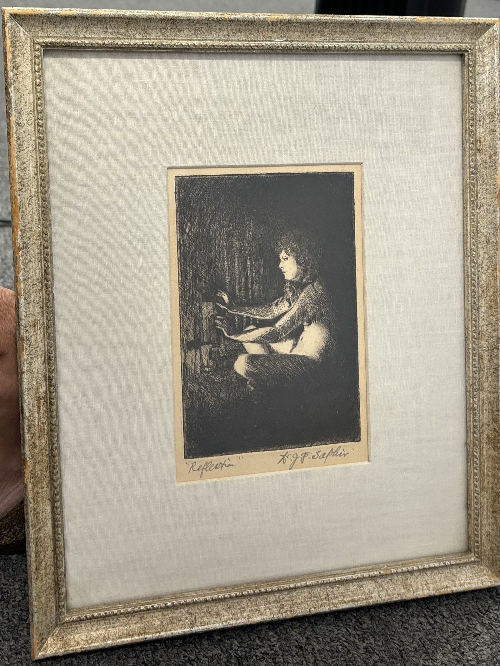 Reflection - Vintage Original Signed Etching with Original Frame. 13 x 10.5 inches.: Vintage Original Signed Etching. Reflection. Original Frame. Very Good Condition. 13 x 10.5 inches. step Art Artwork Artist.