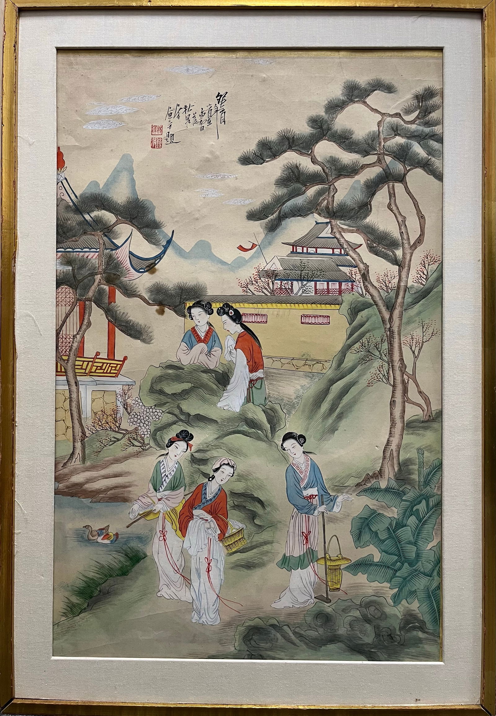 Chinese Hand Painted Watercolor. 16.5 x 24.5 inches.: Chinese Hand Painted Original Watercolor Painting. Beautifully Vibrant Colors. Very good condition. 1920. 16.5 x 24.5 inches image size. Framed. step Art Artwork Artist.