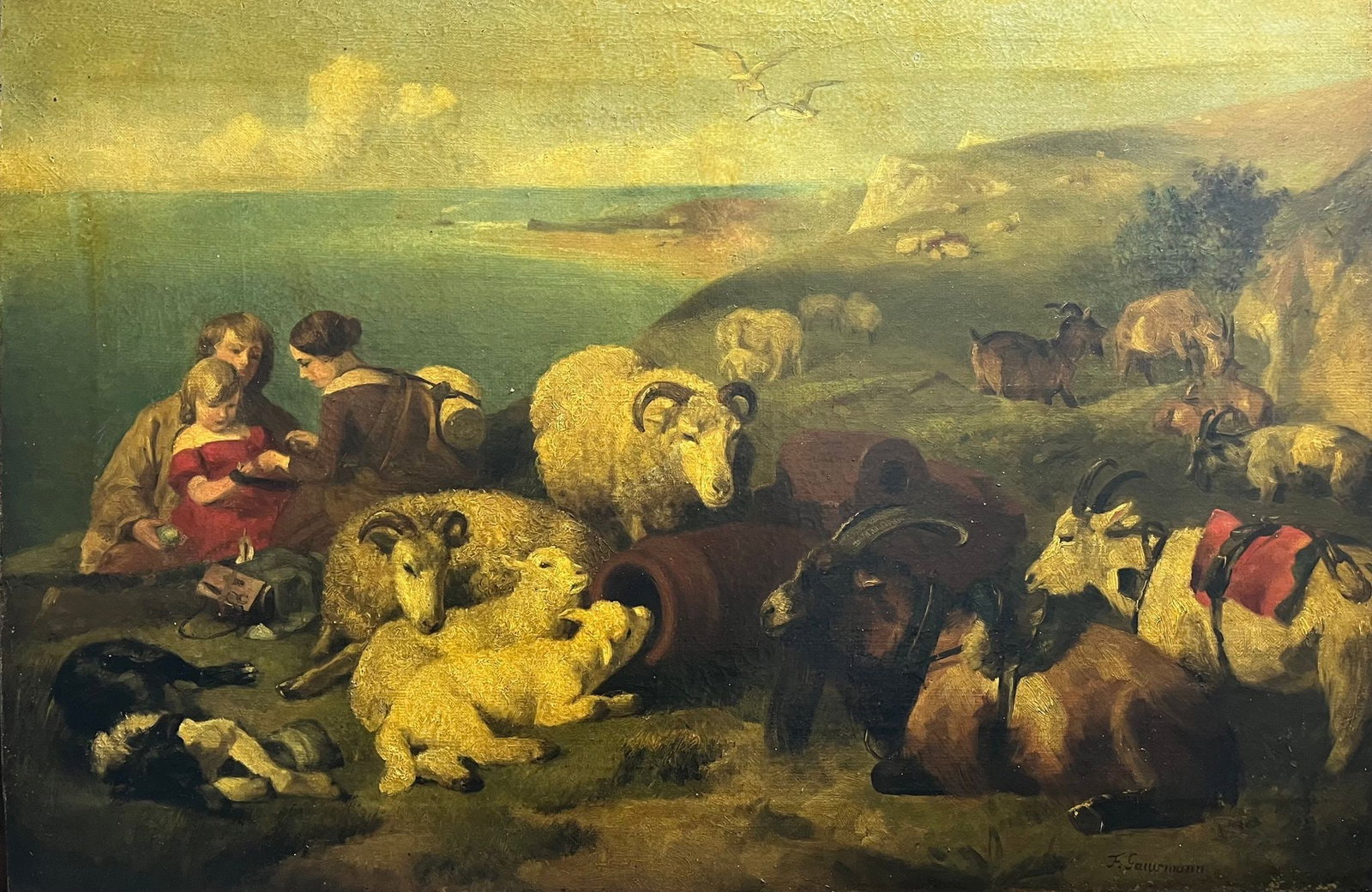 Friedrich Gauermann (1807-1862) oil painting on canvas: Friedrich Gauermann (1807-1862) Pastoral scene with flock of sheep and goats. oil painting on canvas 51x77cm Signed F. Gauermann in the lower right corner. Provenance: Private Collection Art Artwork A