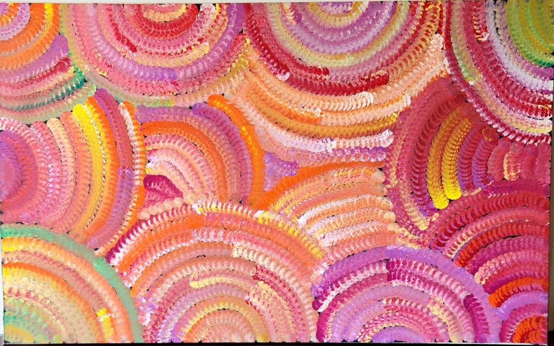 Janet Golder Kngwarreye Yam Flower Dreaming? genuine piece of Australian Aboriginal Art Original: Janet Golder Kngwarreye “Yam Flower Dreaming” genuine piece of Australian Aboriginal Approx 60x25 inches Art. Original Painti Area:Utopia Central AustraliaLanguage:AnmatyerreMedium: acrylic/ca