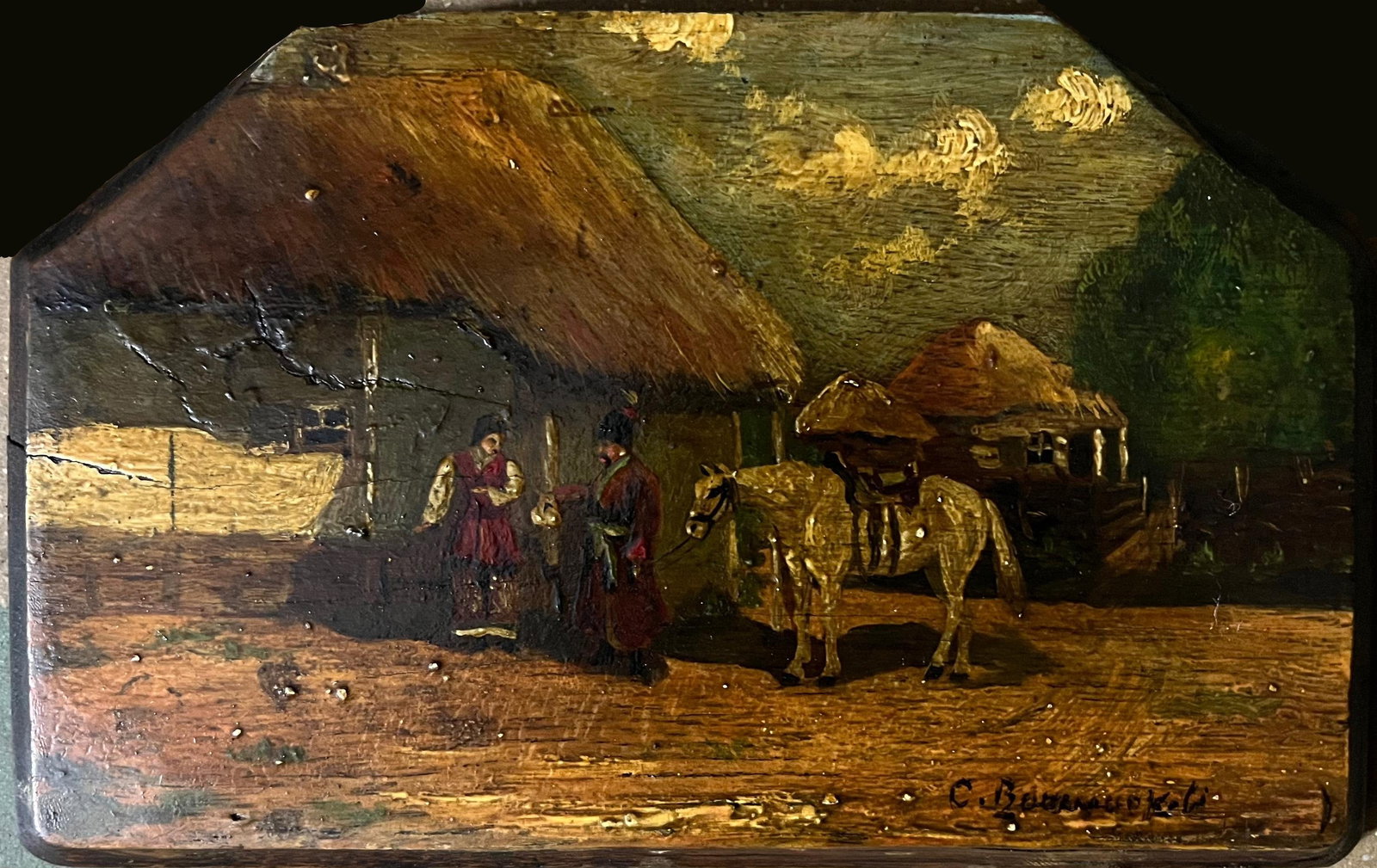 Sergey Ibanovich Vasilkowski (1854-1917) Oil painting on Wood: Sergey Ibanovich Vasilkowski (1854-1917) Oil on WoodMeasures: 12.5 x 19 cmRural landscape with Kossac peasant scene.Provenance: Private collection Art Artwork Artist.