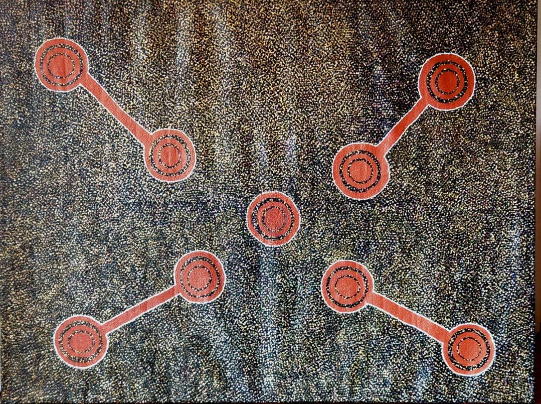 Keith Morgan original Pityara Ceremonial painting: Keith Morgan original Pityara Ceremonial painting for men's ceremony from 1959. Original one of a kind 2003 Approx 30x24 inches. Hand signed. Original Painting on canvas Art Artwork Artist.