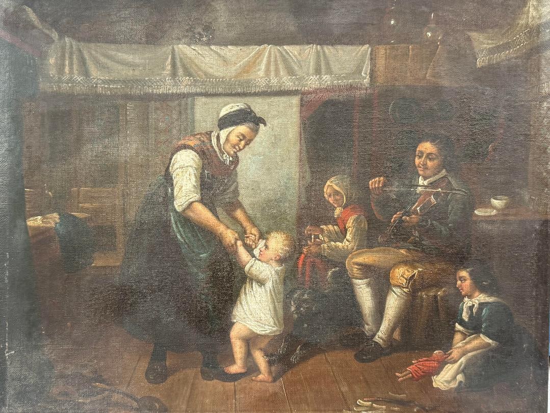Title: Family Interior Scene with Musician by Anonymous, Oil on canvas original oil painting Period:: Title: Family Interior Scene with Musician by Anonymous, Oil on canvas original oil painting Period: 19th CenturyStyle: Dutch Revival inspired by 17th-century Dutch paintingDimensions: 39.2 x 32.5 cmP