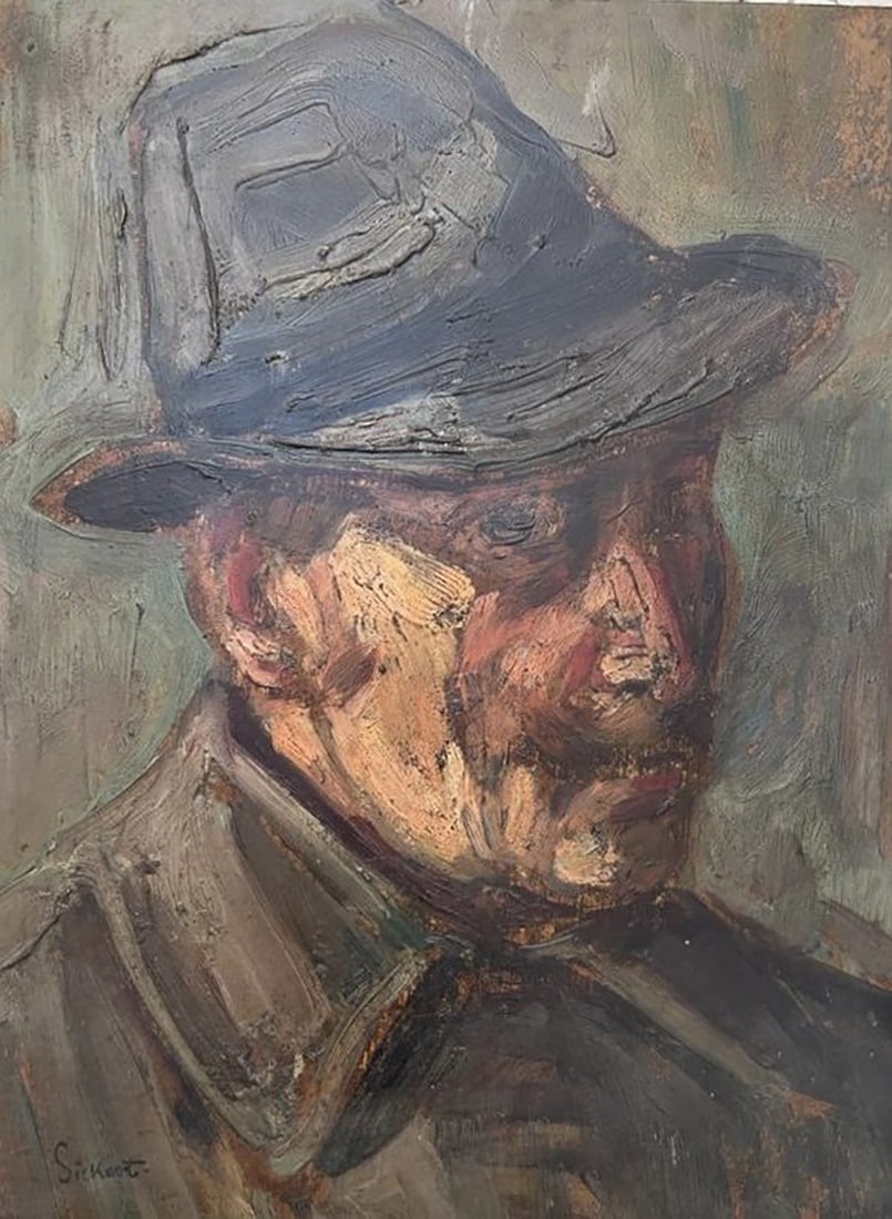 Walter Sickert (1860-1942) Oil on panel 15x11.5 inches: Artist: Walter Richard Sickert (1860-1942)Technique: oil on woodTitle: Portrait Measure: 15x11.5 inchesBiography:Walter Richard Sickert.Born: May 31, 1860, Munich, GermanyDied: January 22, 1942,