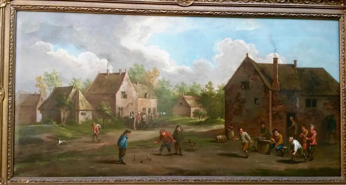 David Teniers II (1610-1690) Bowling game oil painting on canvas: Artist: David Teniers II (1610-1690)Title: Bowling gameTechnique: oil painting on canvasMeasures 68 x 132 cmIt requires some restoration detail.It is not signed and is being sold as attributed.Importa