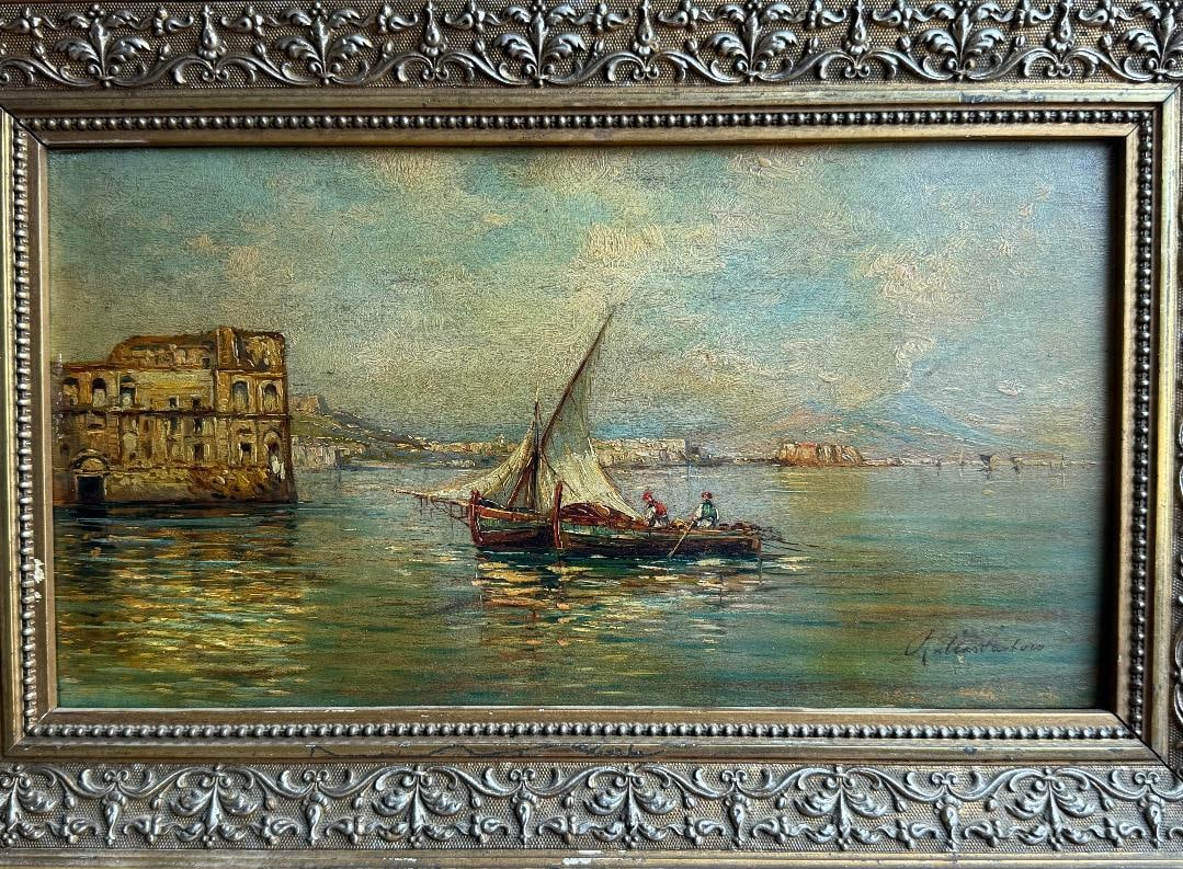 Rubens Santoro (1859-1941) Oil on wood Title: Naoolitana Seascape with Sailboat: Rubens Santoro (1859-1941)Technique: Oil on woodTitle: Naoolitana Seascape with SailboatProvenance: Private Collection Art Artwork Artist.