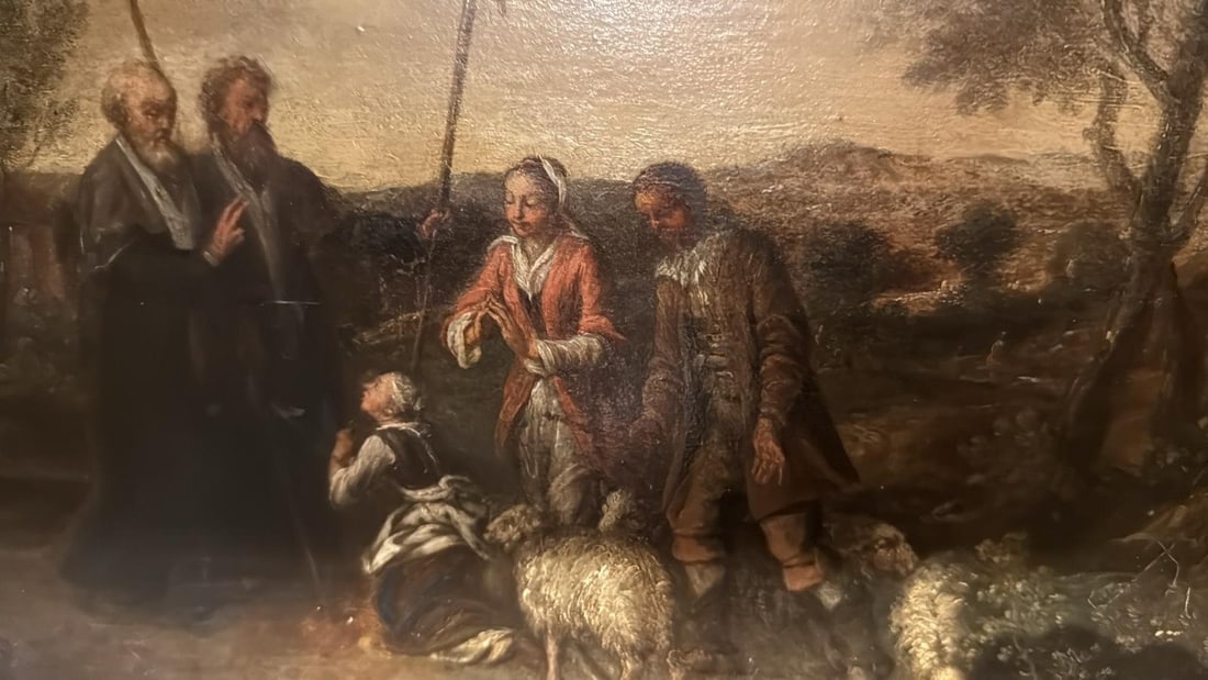 Old Master 18th Century Pastoral Devotional Scene with Figures and Sheep Artist: European School Tec: Old Master 18th Century Pastoral Devotional Scene with Figures and Sheep Artist: European SchoolTechnique: Oil on canvasDimensions: 36 x 50 cmDate: Late 18th centuryA refined late 18th-century Europea